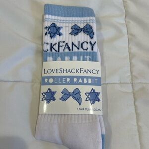 LoveShackFancy x Roller Rabbit collab Holiday Socks - blue Hanukkah socks